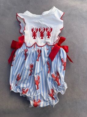 Baby Lobster Print Romper with Red Ribbon Accents